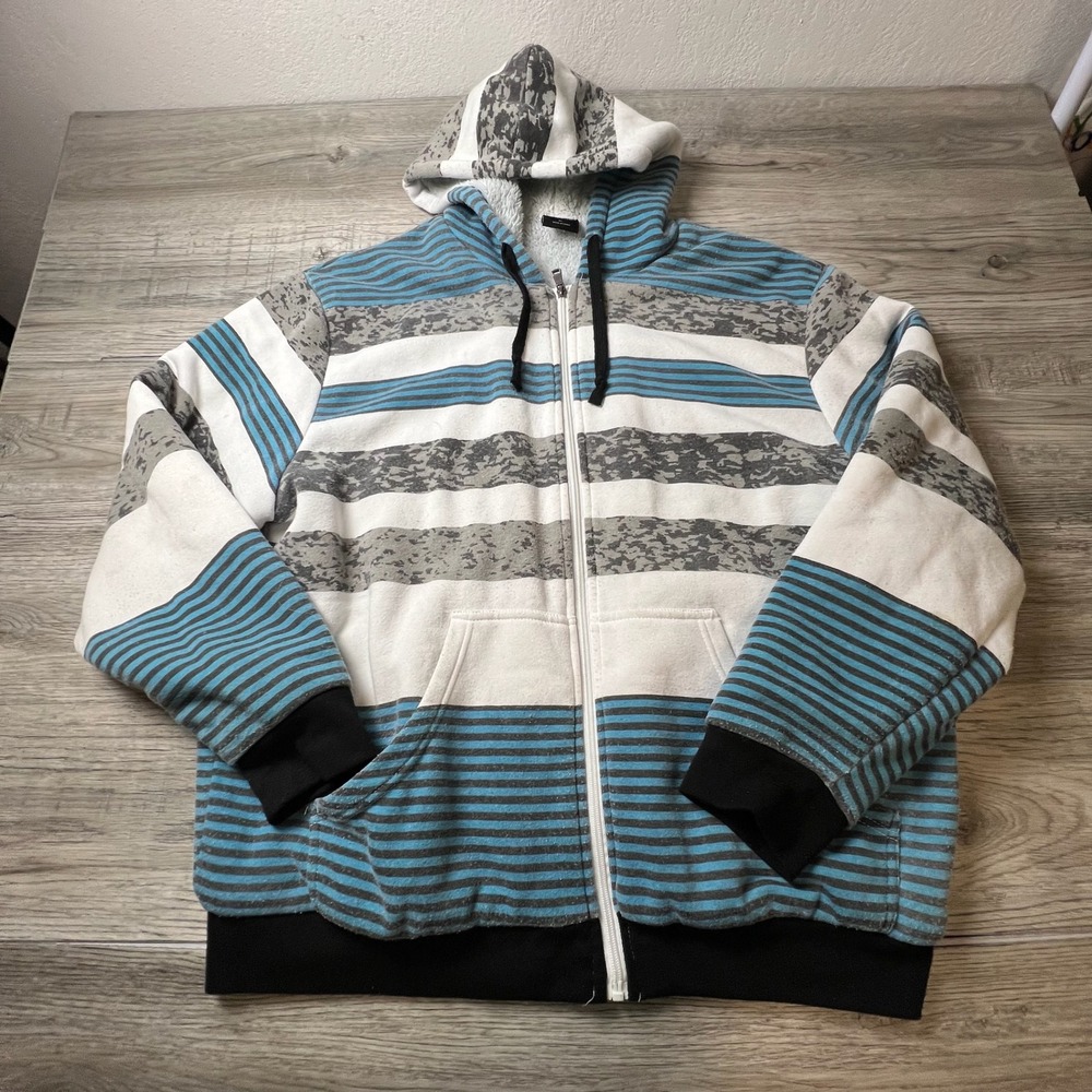 Original Deluxe Hoodie Mens XL Blue White Striped Sherpa Lined Full Zip‎ Jacket